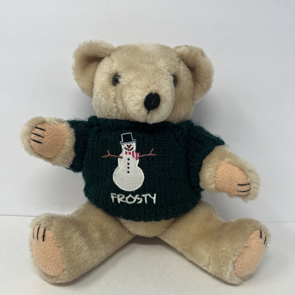 Vintage Teddy Bear Jointed in Green Knitted Frosty Sweater